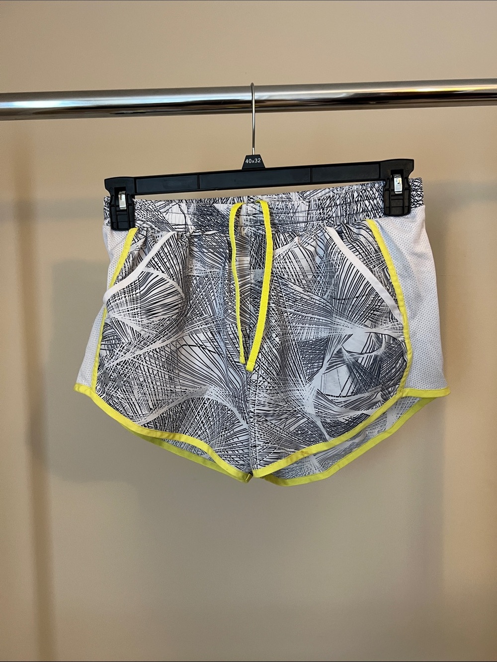 Under Armour Black & White Palm-Print Running Shorts with Yellow Trim
